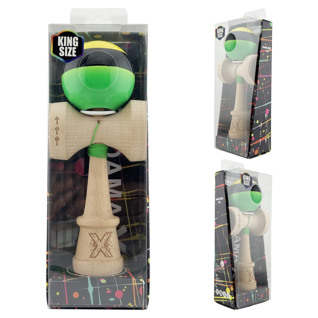Kendama X Originala, Profesionala, Vivimall, Super Sticky cu Cupe Mari KING SIZE V3, Gaura in Baza, Rulment Metalic, din lemn 18 cm, Ata 62/65 cm, Galben/Negru/Verde - vivimall.ro