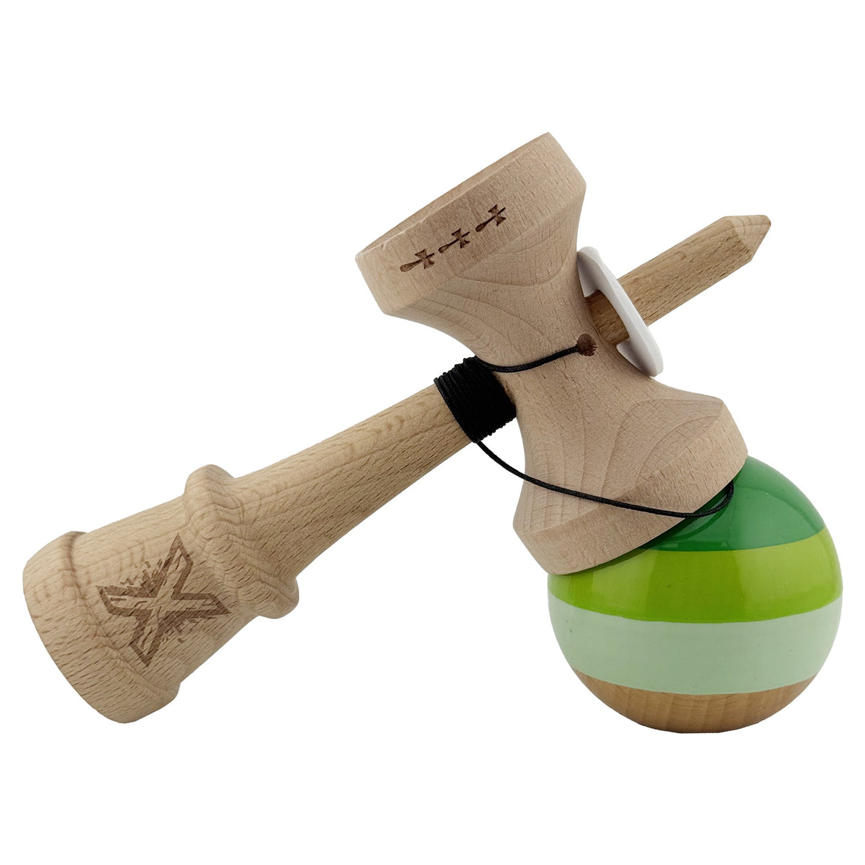 Kendama X Originala, Profesionala, Vivimall, Super Sticky cu Cupe Mari KING SIZE V3, Gaura in Baza, Rulment Metalic, din lemn 18 cm, Ata 62/65 cm, Special Verde degrade - vivimall.ro