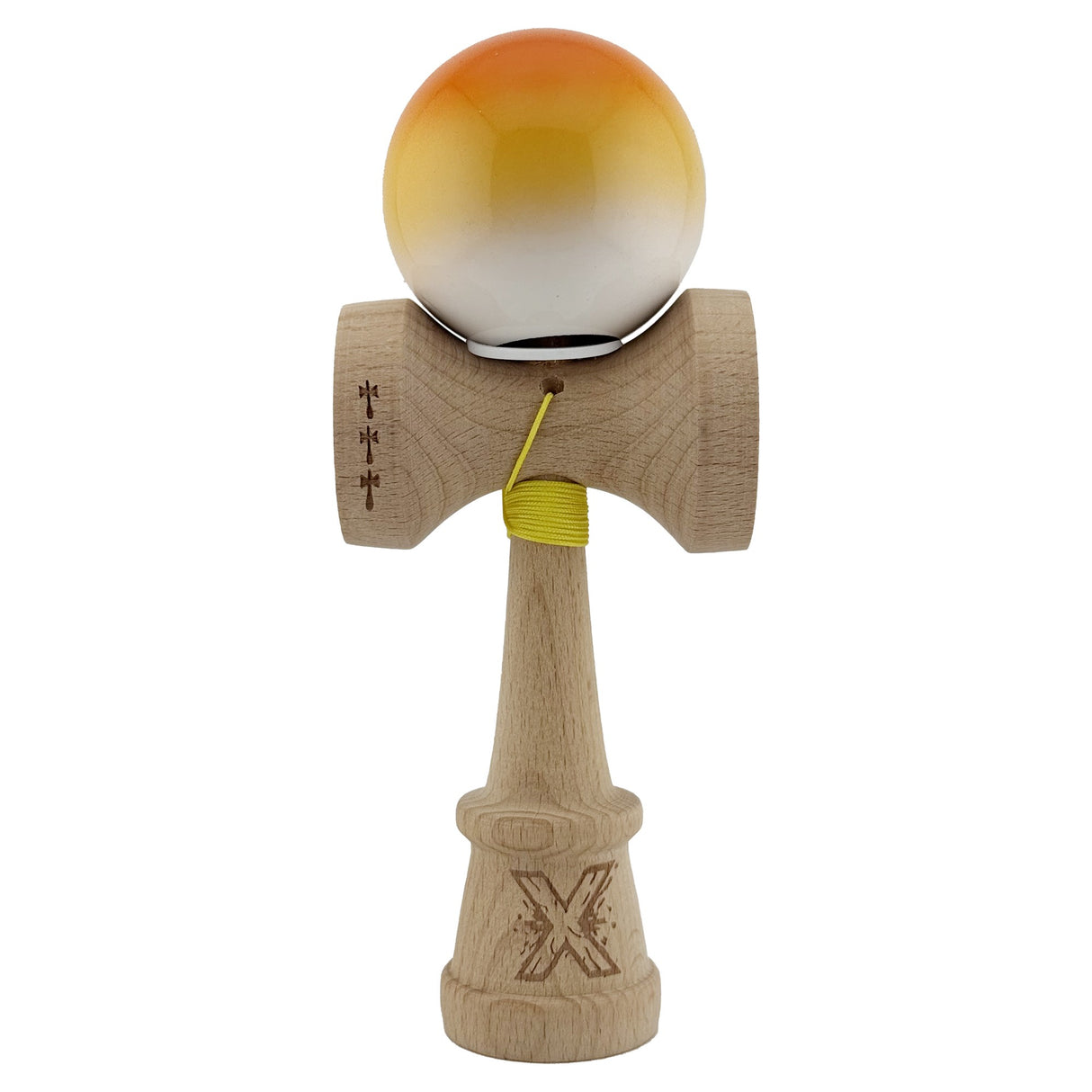 Kendama X Originala, Profesionala, Vivimall, Super Sticky cu Cupe Mari KING SIZE V3, Gaura in Baza, Rulment Metalic, din lemn 18 cm, Ata 62/65 cm, Gradient Portocaliu/Galben/Alb - vivimall.ro