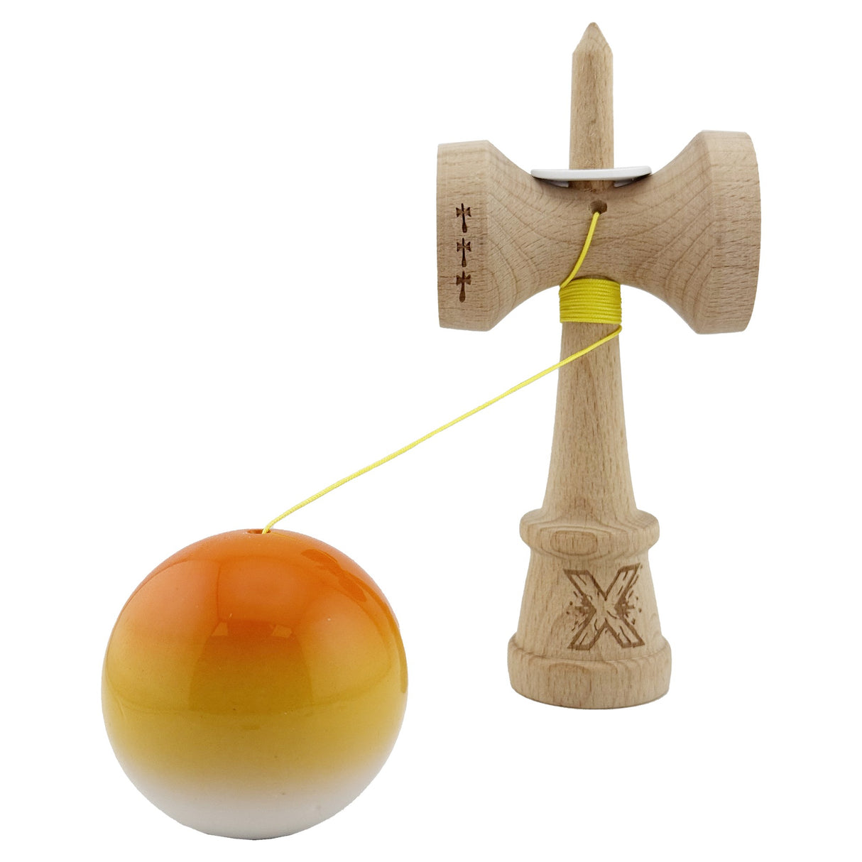 Kendama X Originala, Profesionala, Vivimall, Super Sticky cu Cupe Mari KING SIZE V3, Gaura in Baza, Rulment Metalic, din lemn 18 cm, Ata 62/65 cm, Gradient Portocaliu/Galben/Alb - vivimall.ro