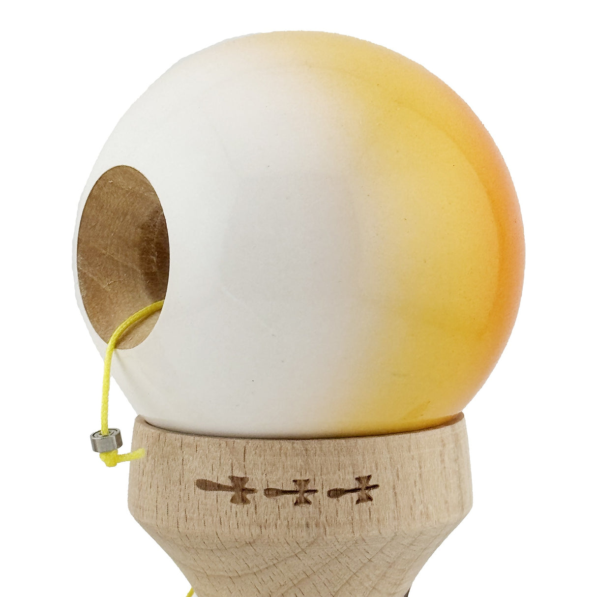 Kendama X Originala, Profesionala, Vivimall, Super Sticky cu Cupe Mari KING SIZE V3, Gaura in Baza, Rulment Metalic, din lemn 18 cm, Ata 62/65 cm, Gradient Portocaliu/Galben/Alb - vivimall.ro