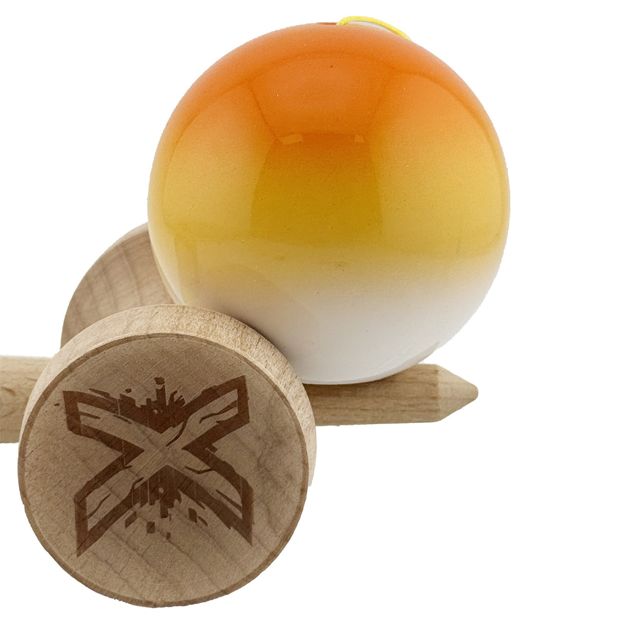 Kendama X Originala, Profesionala, Vivimall, Super Sticky cu Cupe Mari KING SIZE V3, Gaura in Baza, Rulment Metalic, din lemn 18 cm, Ata 62/65 cm, Gradient Portocaliu/Galben/Alb - vivimall.ro