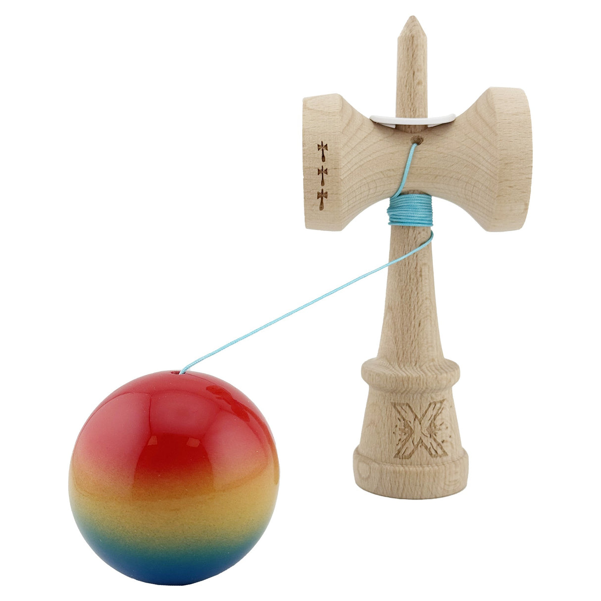 Kendama X Originala, Profesionala, Flippy, Super Sticky cu Cupe Mari KING SIZE V3, Gaura in Baza, Rulment Metalic, din lemn 18 cm, Ata 62/65 cm, Gradient Rosu/Galben/Albastru - vivimall.ro