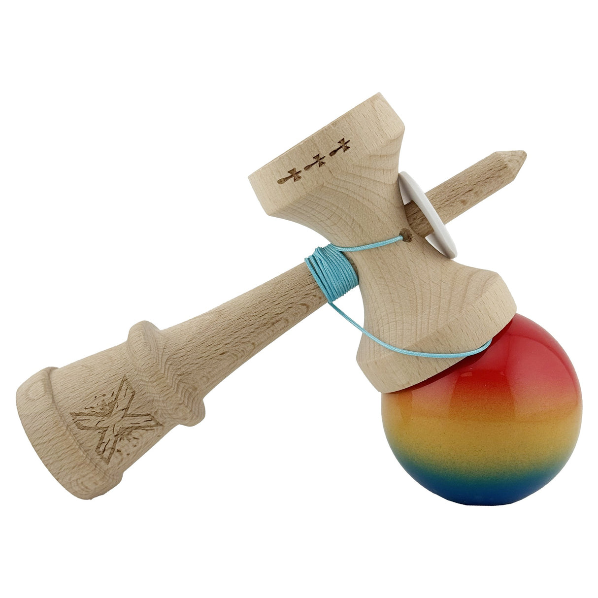 Kendama X Originala, Profesionala, Flippy, Super Sticky cu Cupe Mari KING SIZE V3, Gaura in Baza, Rulment Metalic, din lemn 18 cm, Ata 62/65 cm, Gradient Rosu/Galben/Albastru - vivimall.ro