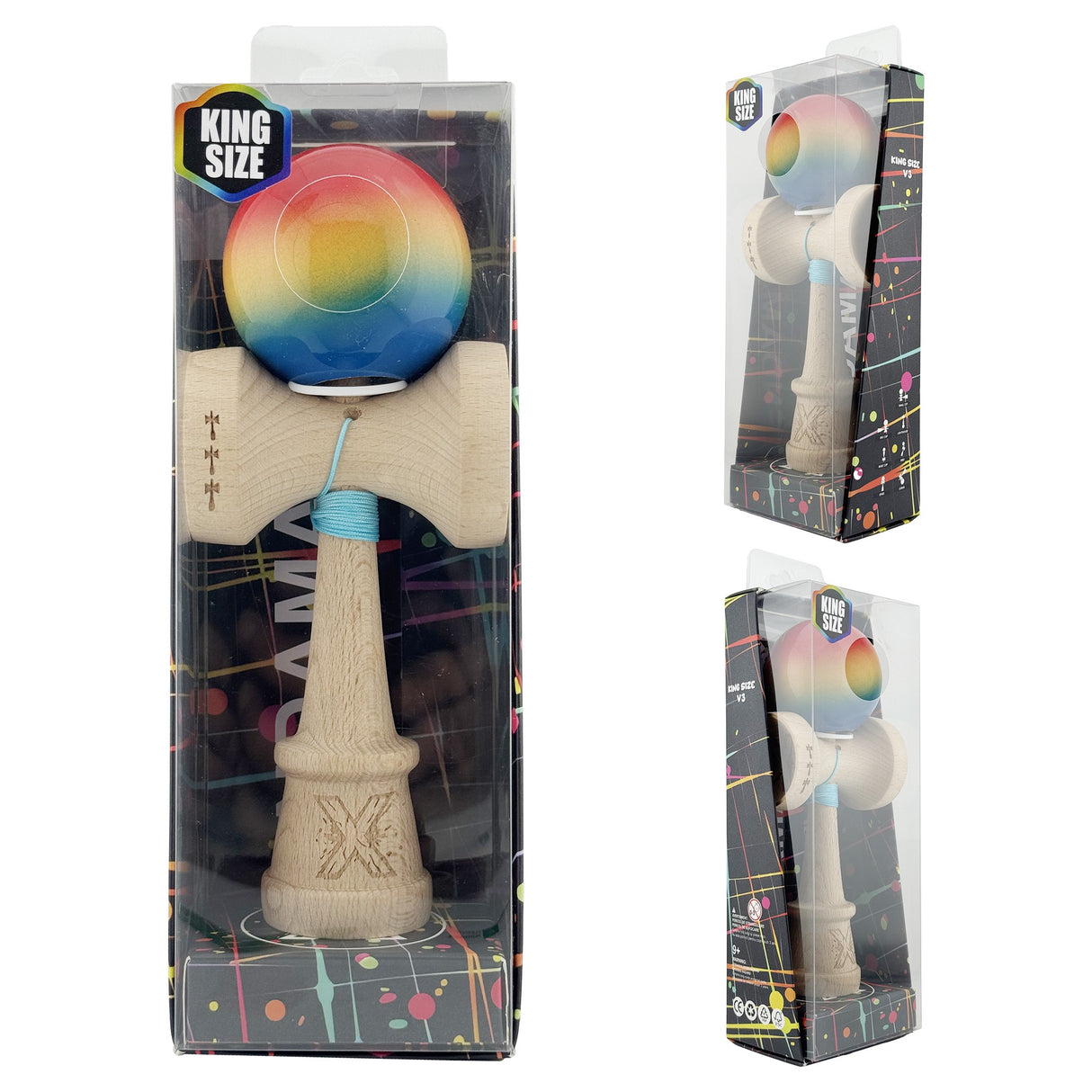 Kendama X Originala, Profesionala, Flippy, Super Sticky cu Cupe Mari KING SIZE V3, Gaura in Baza, Rulment Metalic, din lemn 18 cm, Ata 62/65 cm, Gradient Rosu/Galben/Albastru - vivimall.ro