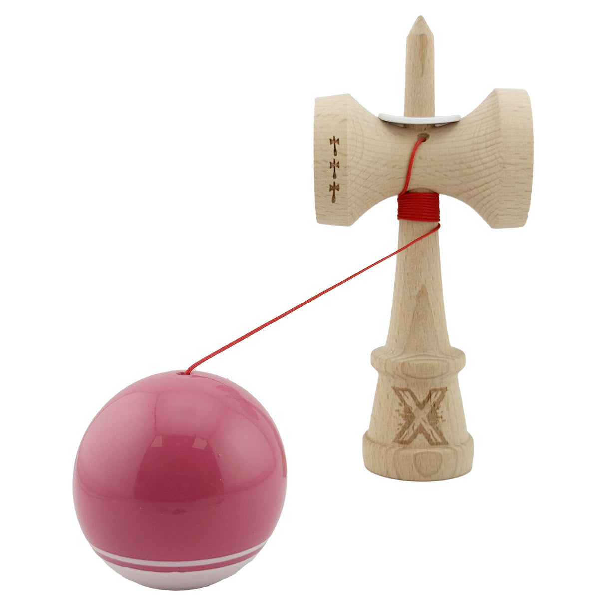 Kendama X Originala, Profesionala, Flippy, Super Sticky cu Cupe Mari KING SIZE V3, Gaura in Baza, Rulment Metalic, din lemn 18 cm, Ata 62/65 cm, Special Roz/Alb - vivimall.ro