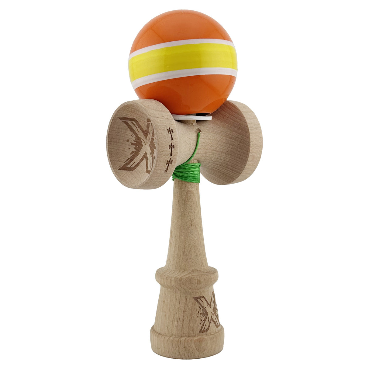 Kendama X Originala, Profesionala, Vivimall, Super Sticky cu Cupe Mari KING SIZE V3, Gaura in Baza, Rulment Metalic, din lemn 18 cm, Ata 62/65 cm, Special Portocaliu/Galben - vivimall.ro