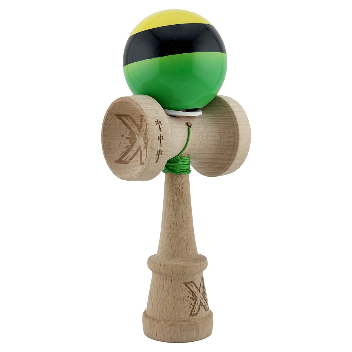 Kendama X Originala, Profesionala, Vivimall, Super Sticky cu Cupe Mari KING SIZE V3, Gaura in Baza, Rulment Metalic, din lemn 18 cm, Ata 62/65 cm, Galben/Negru/Verde - vivimall.ro