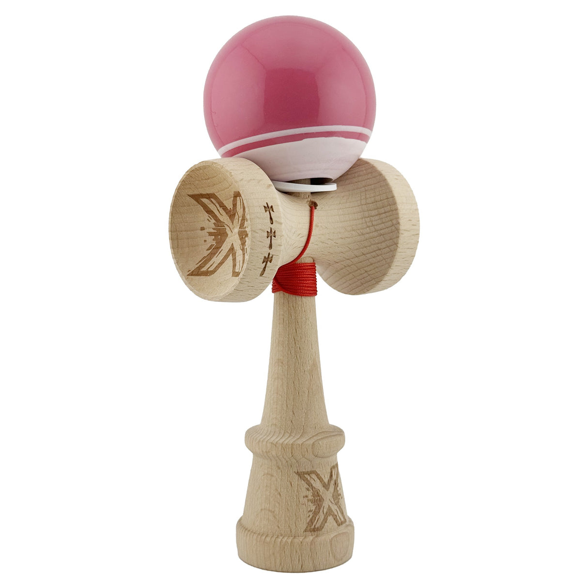 Kendama X Originala, Profesionala, Flippy, Super Sticky cu Cupe Mari KING SIZE V3, Gaura in Baza, Rulment Metalic, din lemn 18 cm, Ata 62/65 cm, Special Roz/Alb - vivimall.ro