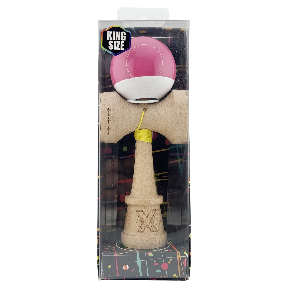 Kendama roz Super Sticky în mână, demonstrație trick echilibru, unghi lifestyle