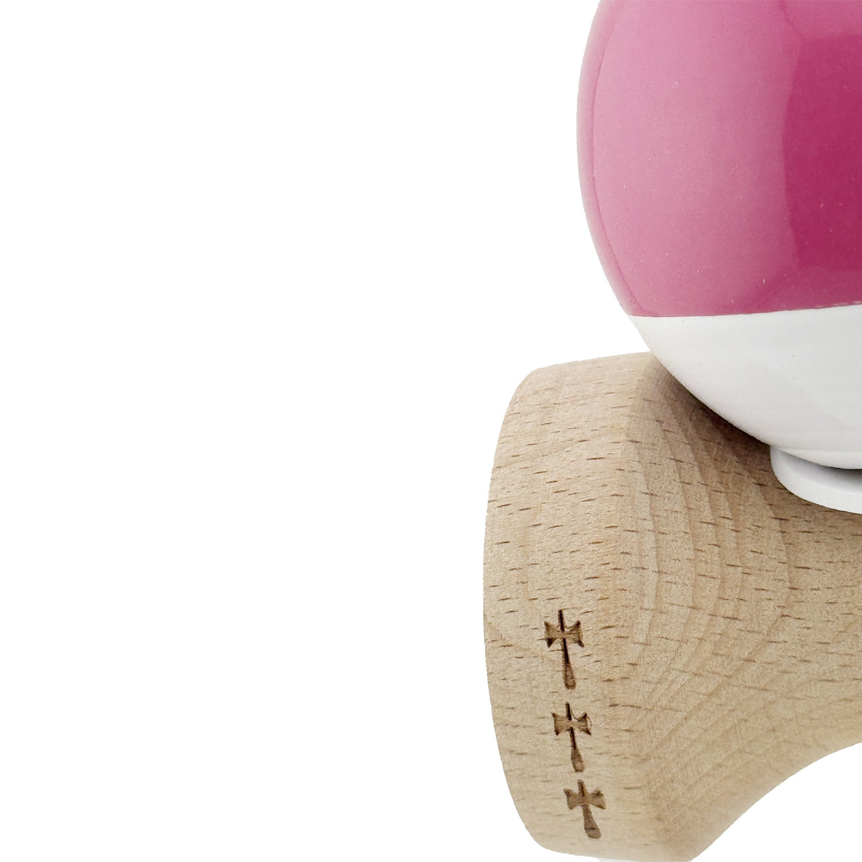 Kendama profesională roz închis, detaliu ață rezistentă 65 cm și nod kendama