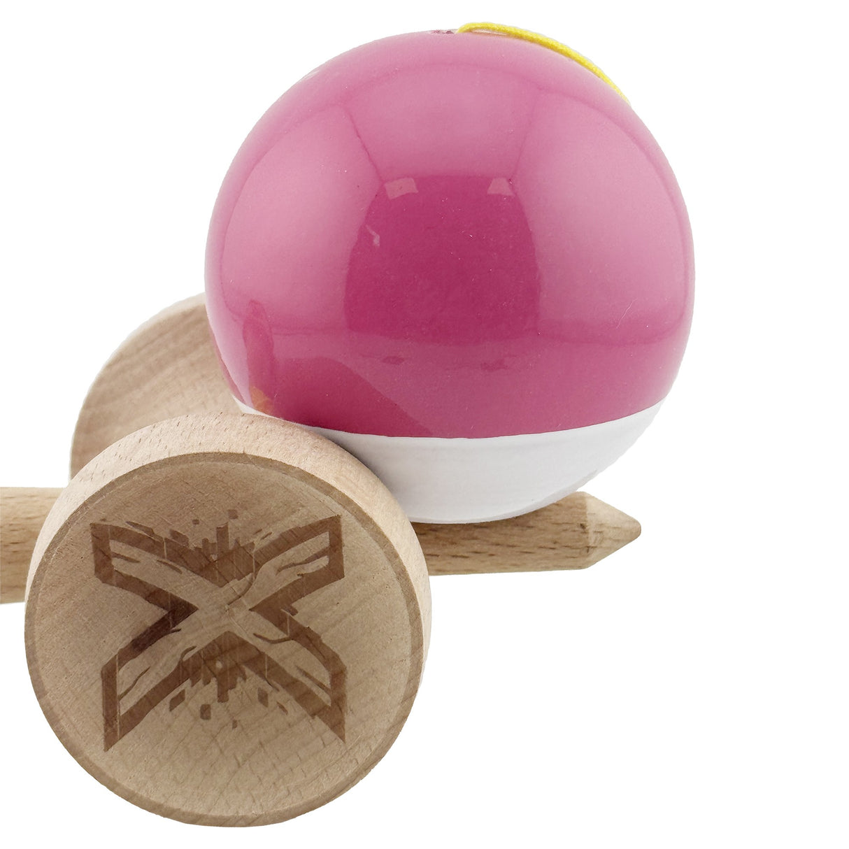 Set kendama roz Vivimall V3, toate componentele desfăcute: minge, corp, ață, rulment