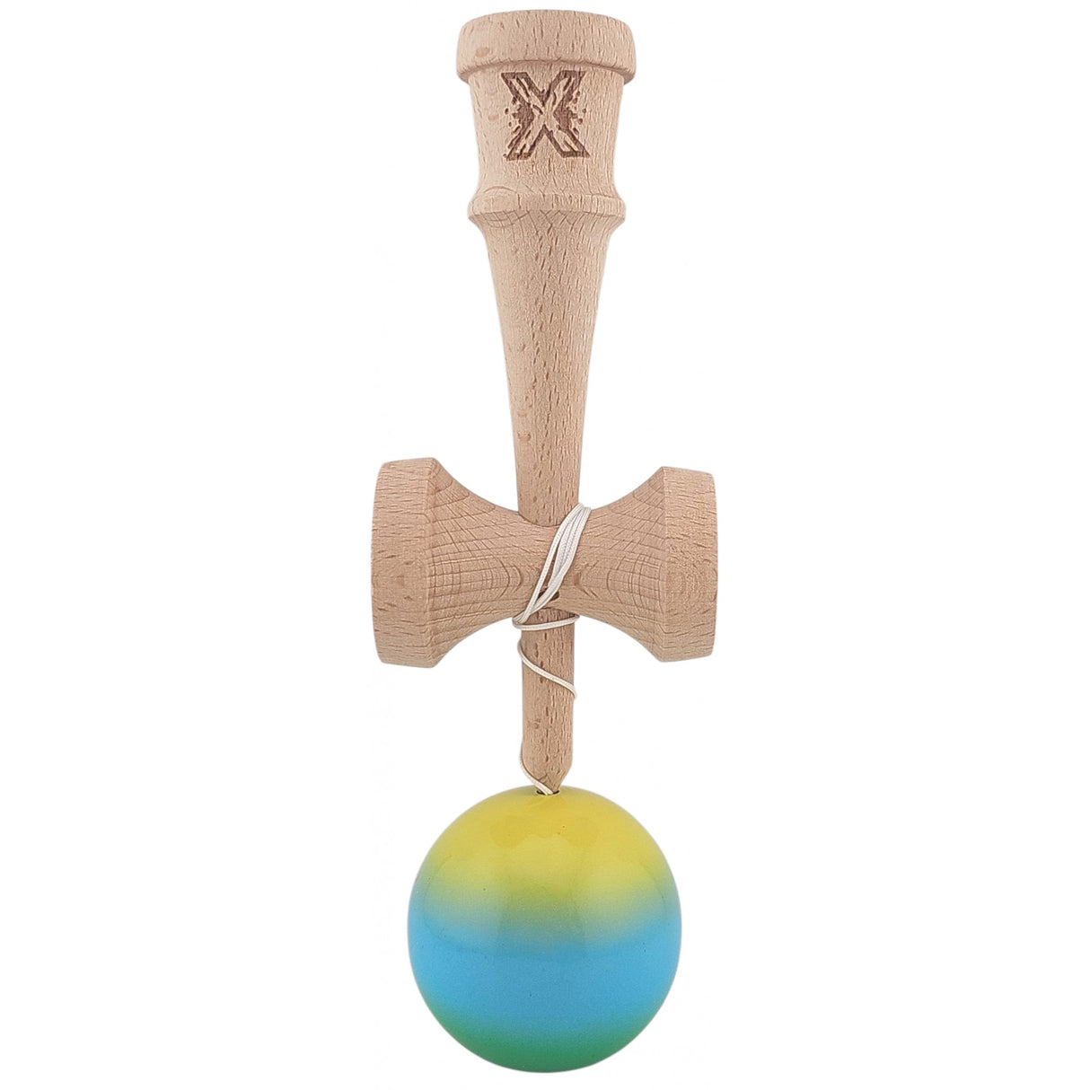 Kendama X Originala, Profesionala, Vivimall, Super Sticky din Lemn, 18 cm, Gradient Galben/Albastru deschis/Verde - vivimall.ro