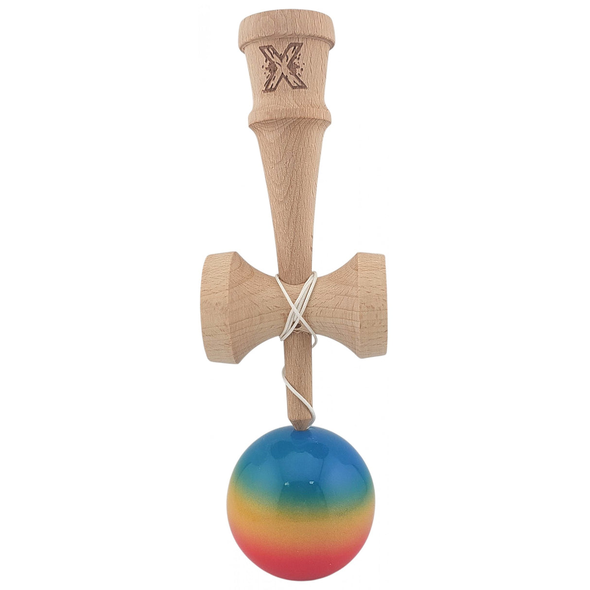 Kendama X Originala, Profesionala, Vivimall, Super Sticky din Lemn, 18 cm, Gradient Rosu/Galben/Albastru - vivimall.ro