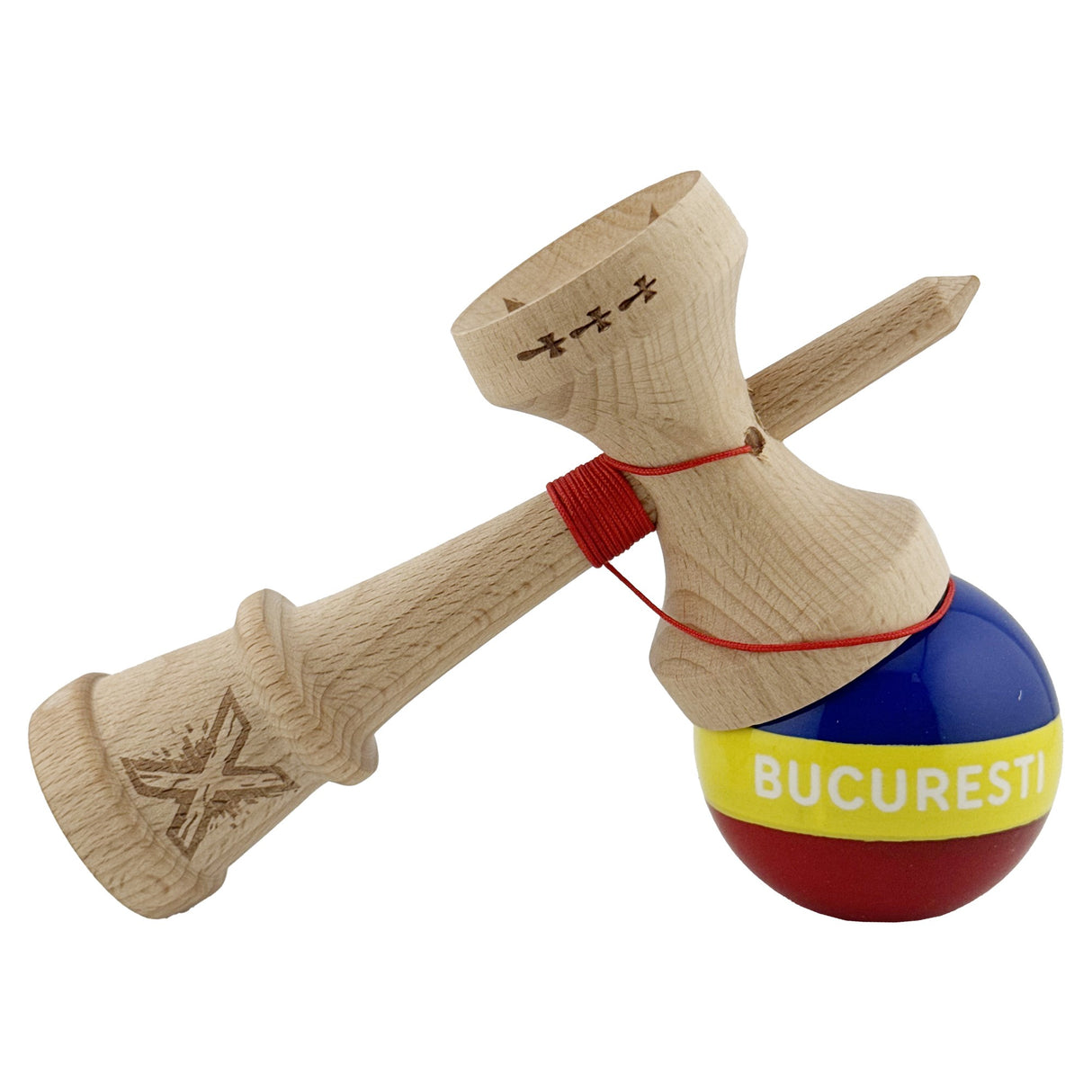 Kendama originală din lemn King Size V3, finisaj Super Sticky, detaliu textură și culori gradient
