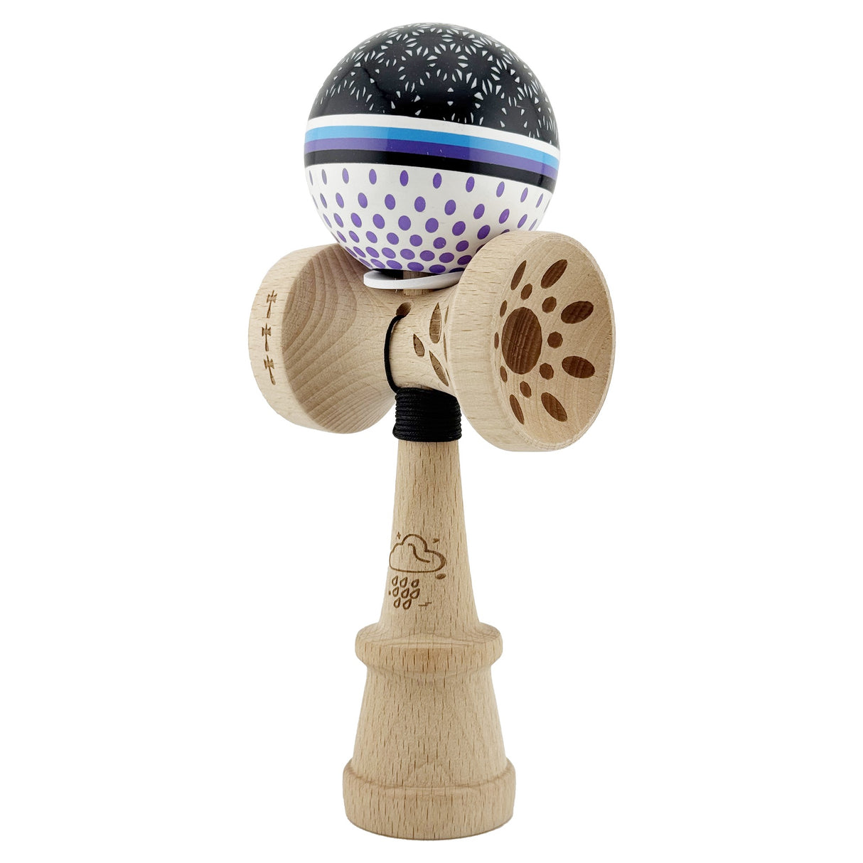 Kendama X Originala, Profesionala, Flippy, RAINDROPS, Super Sticky cu Cupe Mari KING SIZE V3, Gaura in Baza, Rulment Metalic, din lemn 18 cm, Ata 62/65 cm, Alb/Negru/Mov - vivimall.ro