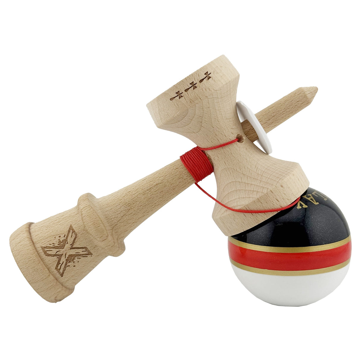 Kendama X Originala ROYAL SPIKE, Profesionala, Vivimall, Cupe Mari KING SIZE V3, Super Sticky, Gaura in Baza, Rulment Metalic, din lemn 18 cm, Ata 55 cm, Inel Rosu