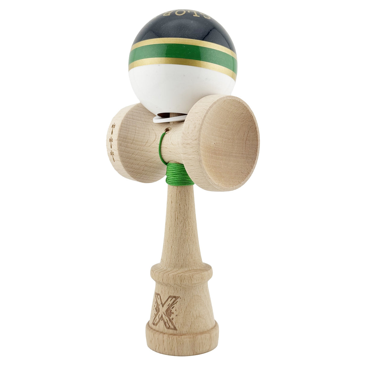Kendama X Originala ROYAL SPIKE, Profesionala, Vivimall, Cupe Mari KING SIZE V3, Super Sticky, Gaura in Baza, Rulment Metalic, din lemn 18 cm, Ata 55 cm, Inel Verde