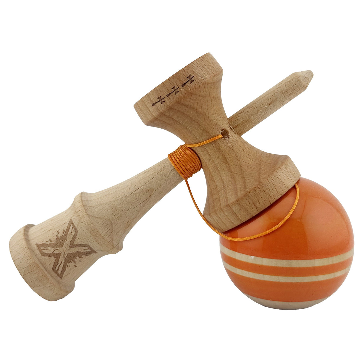 Kendama X Rainbow Originala, Profesionala, Flippy, Big Cups V2, Super Sticky cu Cupe Mari, Rulment Metalic, din lemn 18 cm, Ata 55 cm, Portocaliu/Maro - vivimall.ro