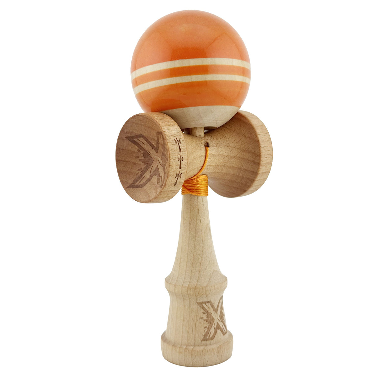 Kendama X Rainbow Originala, Profesionala, Flippy, Big Cups V2, Super Sticky cu Cupe Mari, Rulment Metalic, din lemn 18 cm, Ata 55 cm, Portocaliu/Maro - vivimall.ro