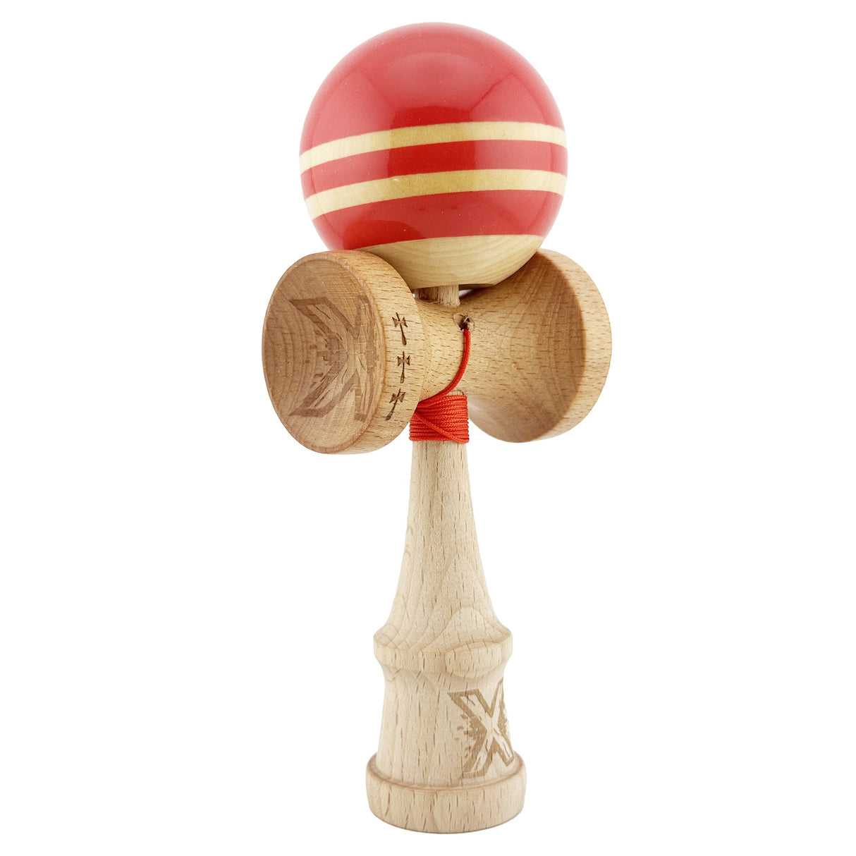Kendama X Rainbow Originala, Profesionala, Flippy, Big Cups V2, Super Sticky cu Cupe Mari, Rulment Metalic, din lemn 18 cm, Ata 55 cm, Rosu/Maro - vivimall.ro