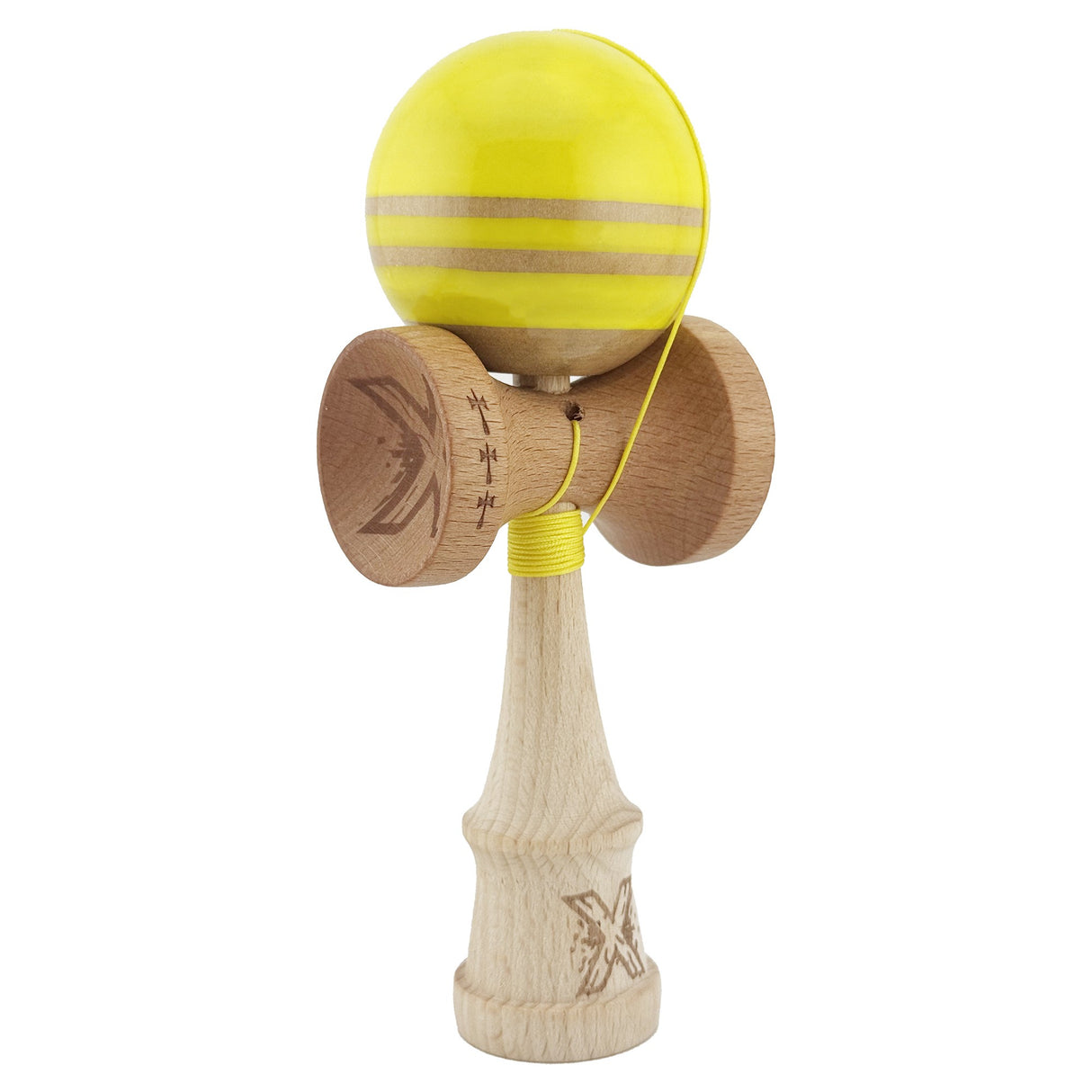 Kendama X Rainbow Originala, Profesionala, Flippy, Big Cups V2, Super Sticky cu Cupe Mari, Rulment Metalic, din lemn 18 cm, Ata 55 cm, Galben/Maro - vivimall.ro