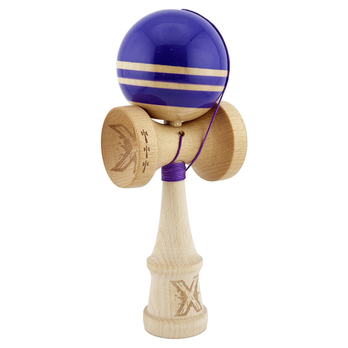 Kendama X Rainbow Originala, Profesionala, Vivimall, Big Cups V2, Super Sticky cu Cupe Mari, Rulment Metalic, din lemn 18 cm, Ata 55 cm, Violet/Maro - vivimall.ro