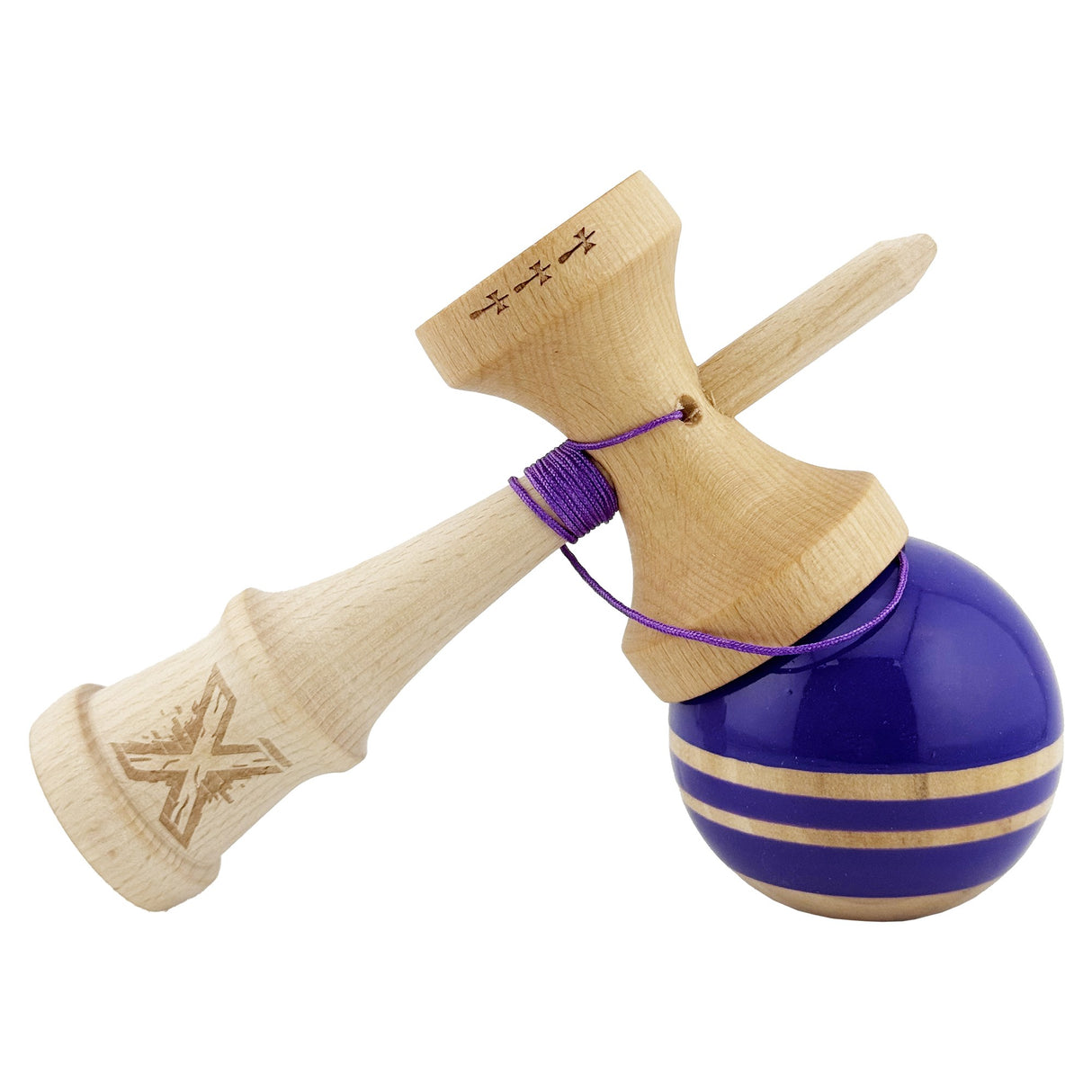 Kendama X Rainbow Originala, Profesionala, Vivimall, Big Cups V2, Super Sticky cu Cupe Mari, Rulment Metalic, din lemn 18 cm, Ata 55 cm, Violet/Maro - vivimall.ro