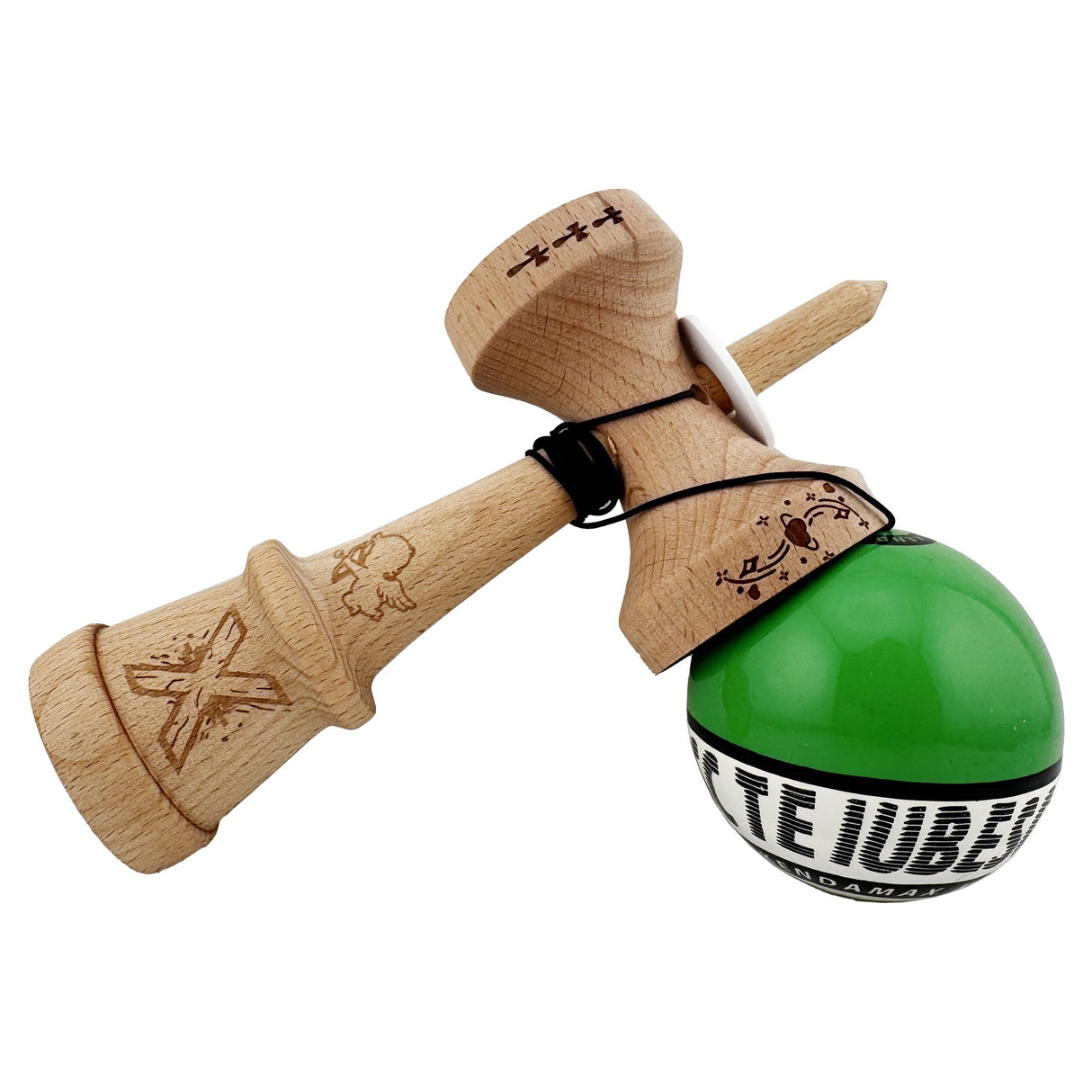 Kendama X TE IUBESC Originala, Profesionala, Vivimall, Super Sticky cu Cupe Mari KING SIZE V3, Gaura in Baza, Rulment Metalic, din lemn 18 cm, Ata 62/65 cm, Verde/Alb - vivimall.ro