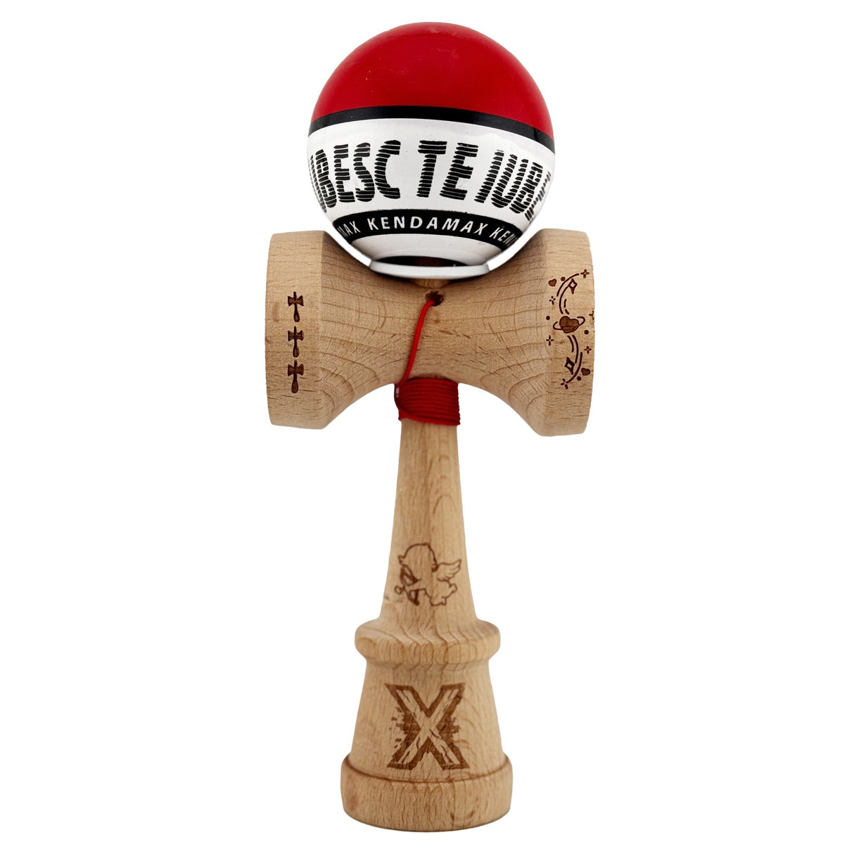 Kendama X TE IUBESC Originala, Profesionala, Vivimall, Super Sticky cu Cupe Mari KING SIZE V3, Gaura in Baza, Rulment Metalic, din lemn 18 cm, Ata 62/65 cm, Rosu/Alb - vivimall.ro