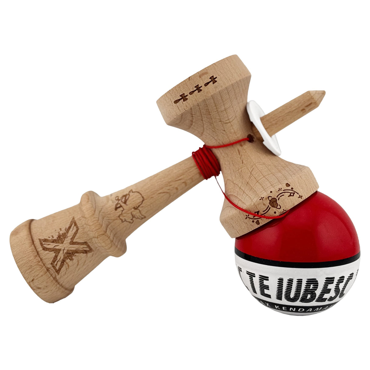 Kendama X TE IUBESC Originala, Profesionala, Vivimall, Super Sticky cu Cupe Mari KING SIZE V3, Gaura in Baza, Rulment Metalic, din lemn 18 cm, Ata 62/65 cm, Rosu/Alb - vivimall.ro
