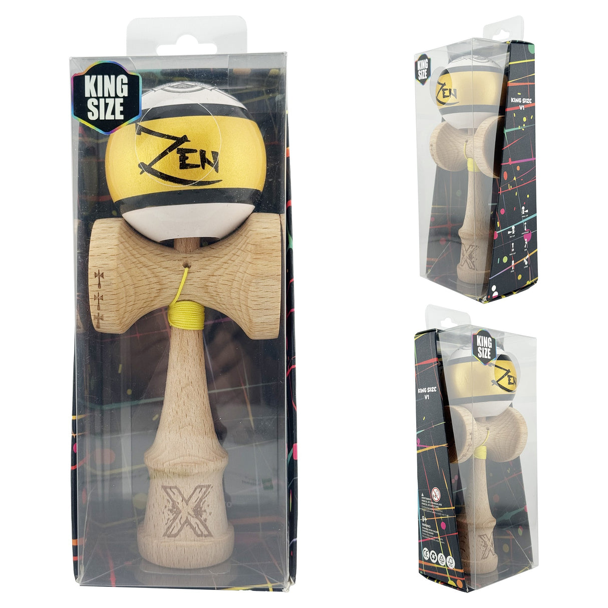 Kendama X ZEN Originala, Profesionala, Vivimall, Big Cups V2, Super Sticky Legendary Cupe Mari, Rulment Metalic cu Ata 55 cm, Auriu/Alb - vivimall.ro