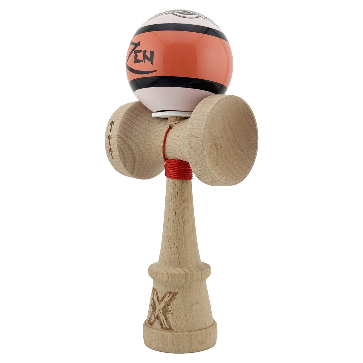 Kendama X Zen Series Originala, Profesionala, Vivimall, Super Sticky cu Cupe Mari V3, King Size Cups, Rulment Metalic si Gaura in Baza, din Lemn 18 cm, Ata 55 cm, Coral