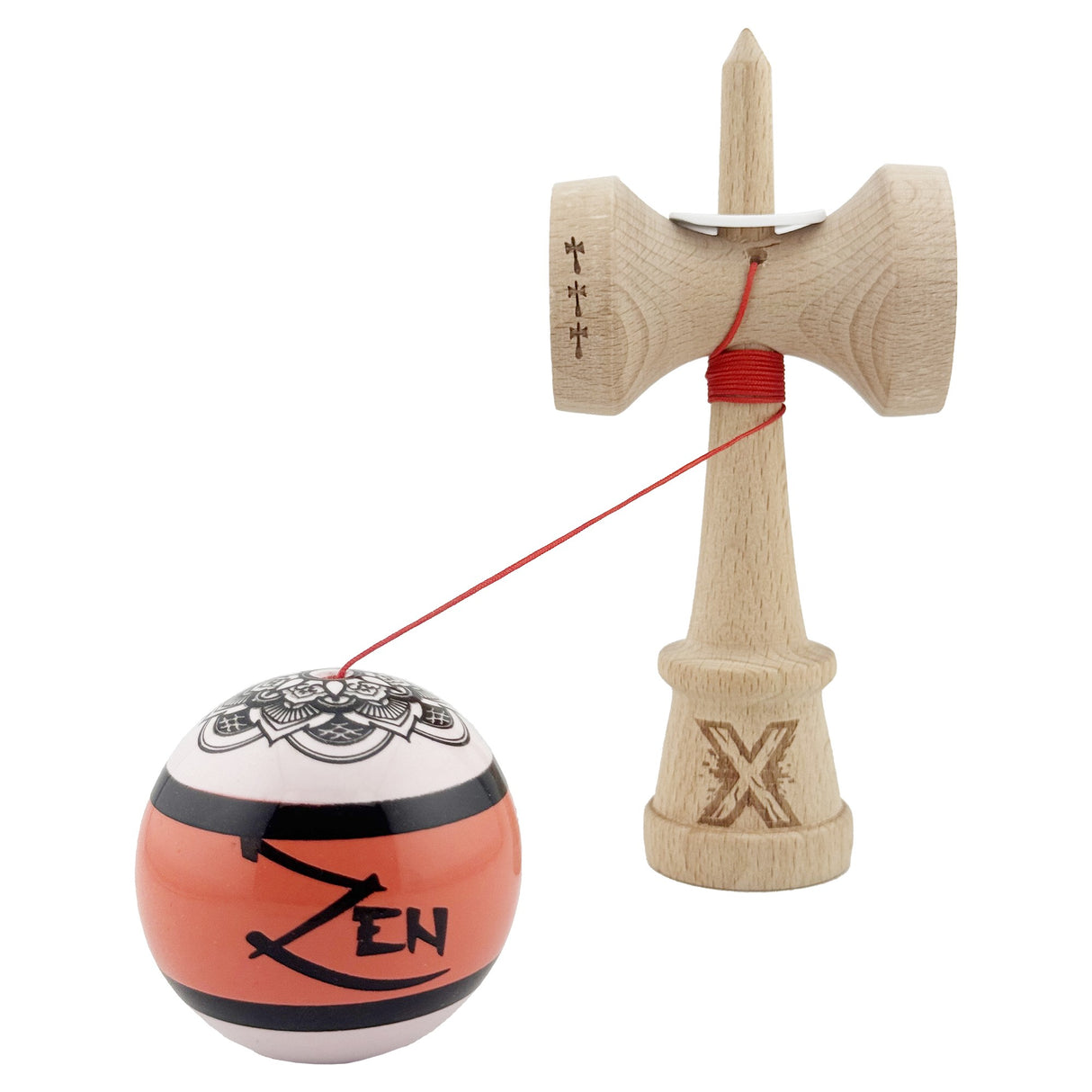 Kendama X Zen Series Originala, Profesionala, Vivimall, Super Sticky cu Cupe Mari V3, King Size Cups, Rulment Metalic si Gaura in Baza, din Lemn 18 cm, Ata 55 cm, Coral