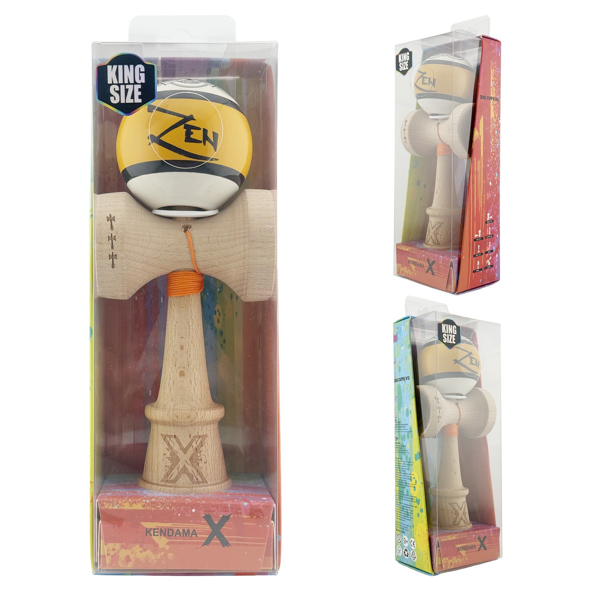 Kendama X Zen Series Originala, Profesionala, Vivimall, Super Sticky cu Cupe Mari V3, King Size Cups, Rulment Metalic si Gaura in Baza, din Lemn 18 cm, Ata 55 cm, Auriu