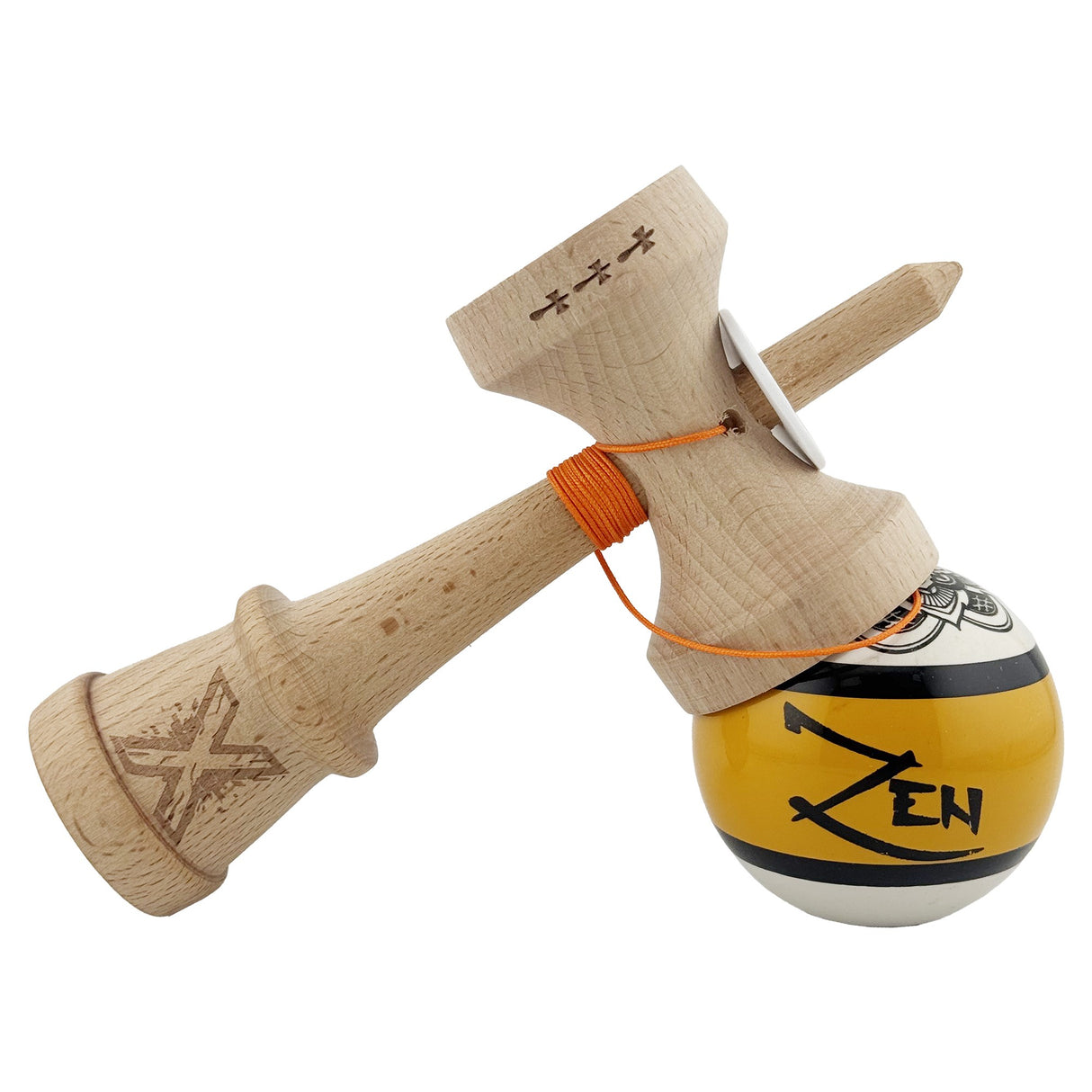 Kendama X Zen Series Originala, Profesionala, Vivimall, Super Sticky cu Cupe Mari V3, King Size Cups, Rulment Metalic si Gaura in Baza, din Lemn 18 cm, Ata 55 cm, Auriu