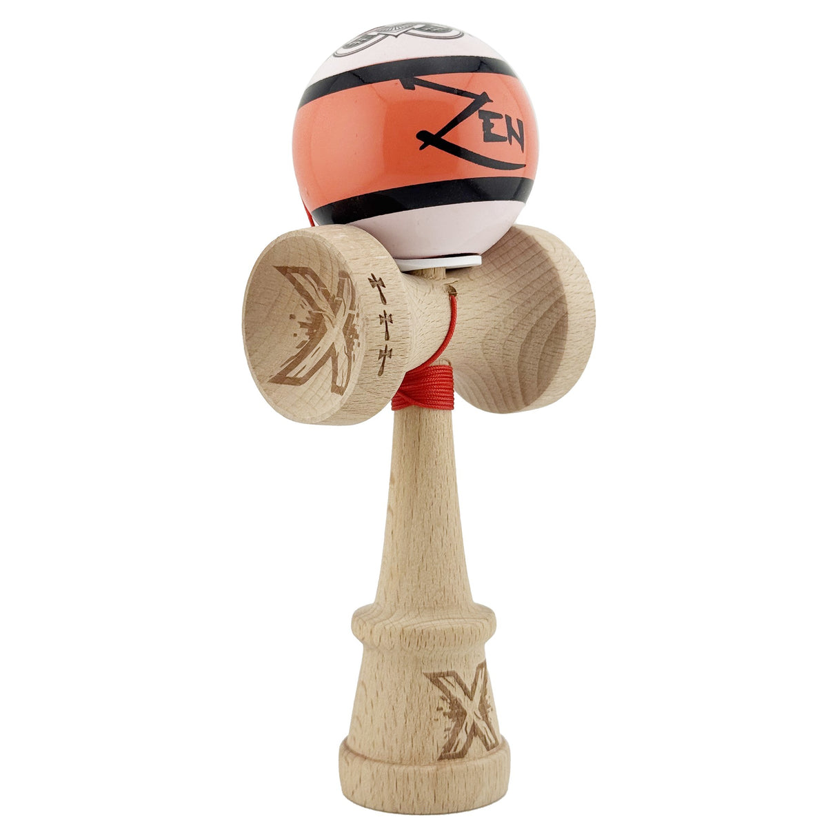 Kendama X Zen Series Originala, Profesionala, Vivimall, Super Sticky cu Cupe Mari V3, King Size Cups, Rulment Metalic si Gaura in Baza, din Lemn 18 cm, Ata 55 cm, Coral