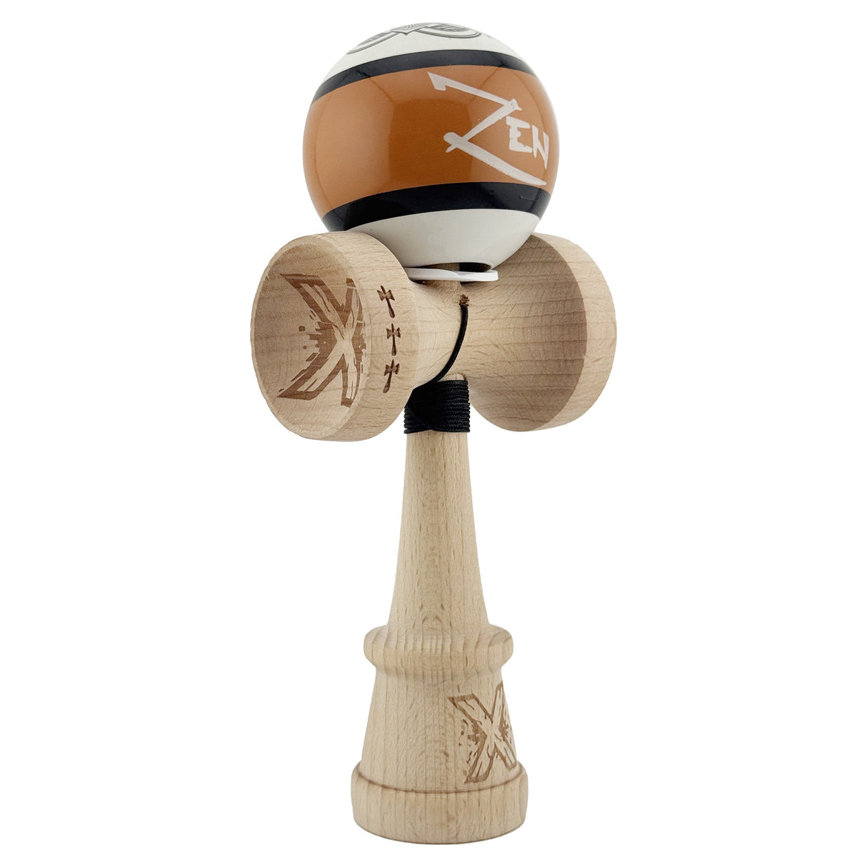 Kendama X Zen Series Originala, Profesionala, Vivimall, Super Sticky cu Cupe Mari V3, King Size Cups, Rulment Metalic si Gaura in Baza, din Lemn 18 cm, Ata 55 cm, Maro