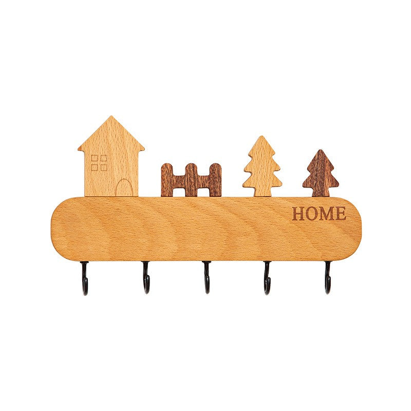 Suport pentru Chei, Vivimall, din Lemn, Aplicare fara Perforare, Adeziv Inclus, 5 Carlige Negre, Model Casuta, Greutate Suportata 5 kg, 13.5 x 23 cm, Maro - vivimall.ro