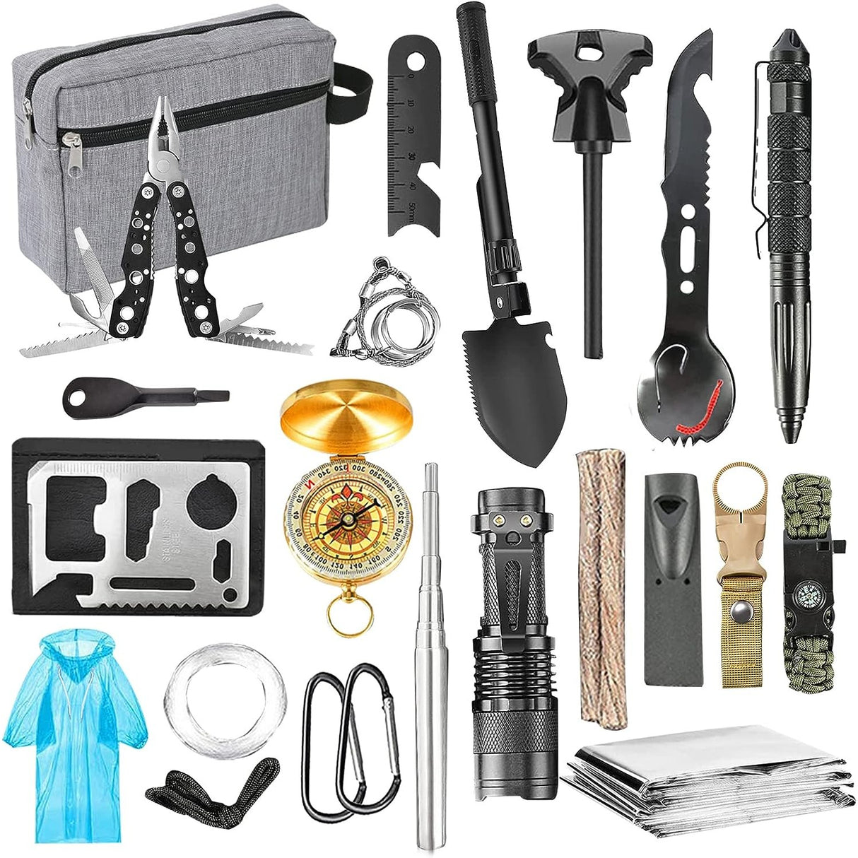 Kit supravietuire multifunctional Flippy, Instrumente profesionale, Agatatoare ghiozdan, pentru Camping, Drumetii, Aventuri in aer liber, borseta inclusa, gri - vivimall.ro