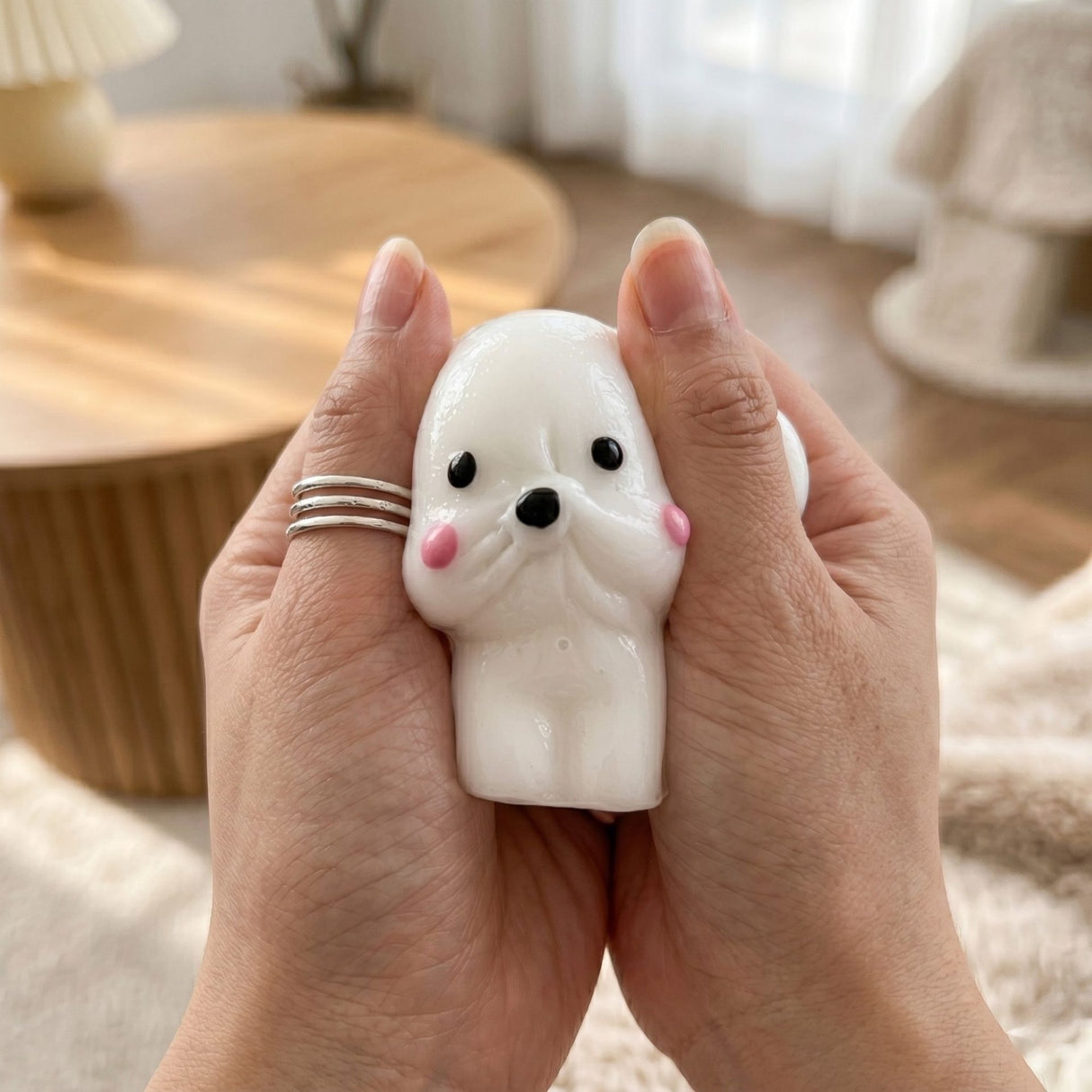 Jucarie Interactiva Antistres pentru Copii, Flippy, Squishy Catelus Kawaii, Silicon Moale, 4.5 x 4.5 cm, Alb/Roz - vivimall.ro