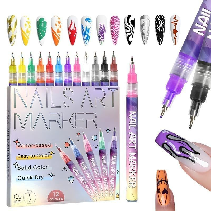 Kit Nail Art, Flippy, Set 12 Markere Acrilice Pentru Unghii, Varf Ultra Fin 0.5 mm, 13 x 10 cm, Multicolor - vivimall.ro