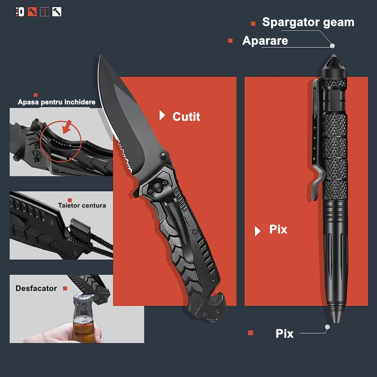 Kit supravietuire 19 in 1 Vivimall, Cutit/Busola/Lanterna/Fluier/Chingi/Paracord, pentru Caping, Drumetii, Aventuri, Insturmente profesionale, Negru - vivimall.ro