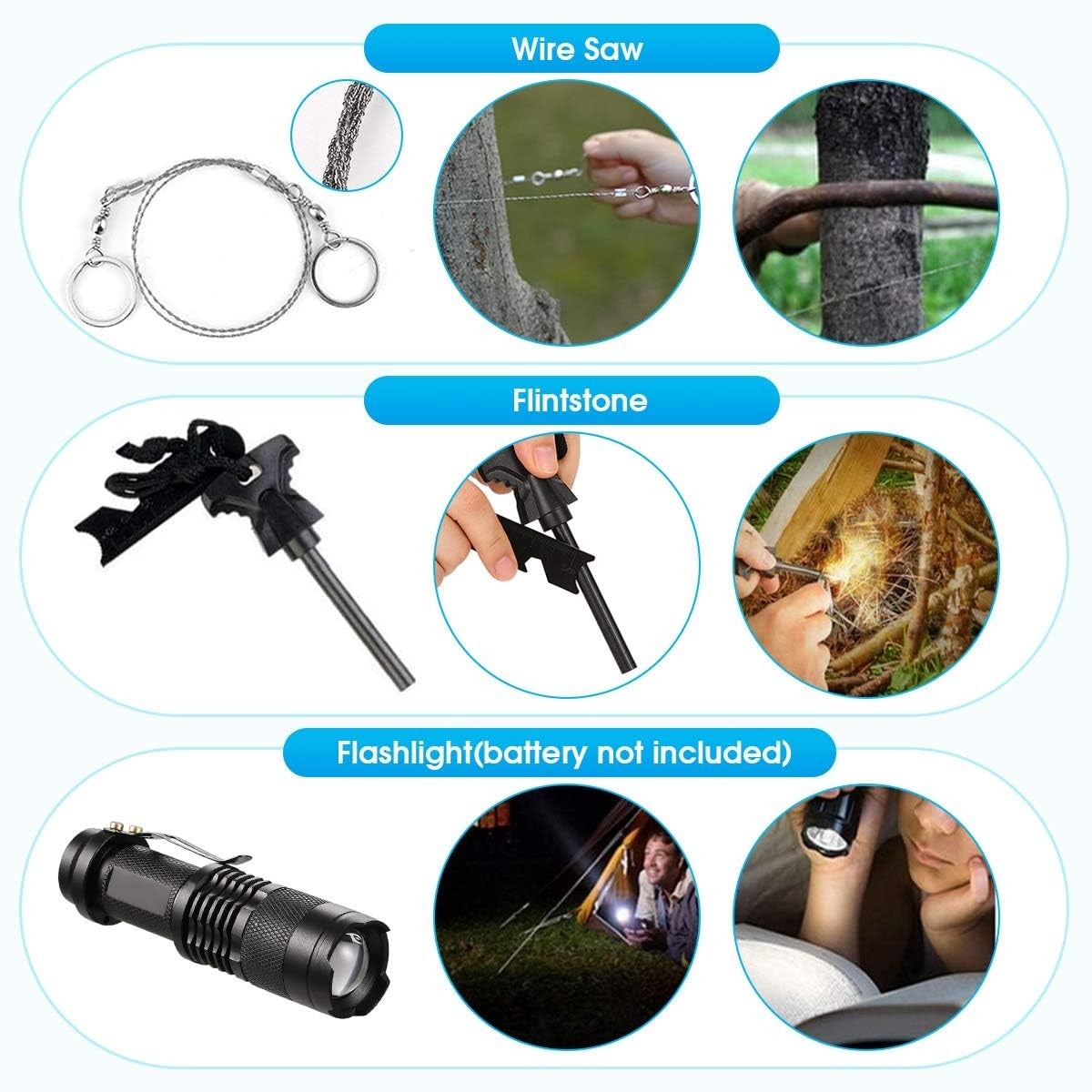 Kit supravietuire multifunctional 13 in 1 Vivimall, Instrumente profesionale, agatatoare ghiozdan, pentru Camping, Drumetii, Aventuri in aer liber, borseta inclusa, model cutie, negru - vivimall.ro