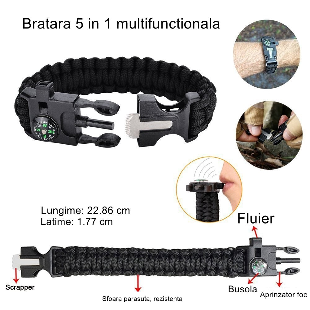 Kit supravietuire multifunctional Vivimall, Instrumente profesionale, Trusa de Prim-Ajutor, pentru Camping, Drumetii, Aventuri in aer liber, borseta inclusa, model army - vivimall.ro