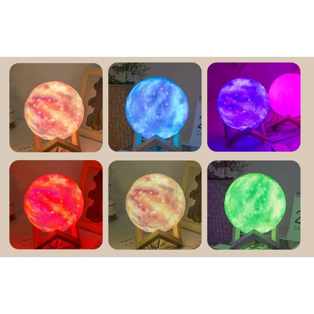 Lampa de veghe in forma de luna cu stele 3D Moon Light 7 culori, alimentare baterii, stand din lemn inclus, 15 cm, Vivimall - vivimall.ro