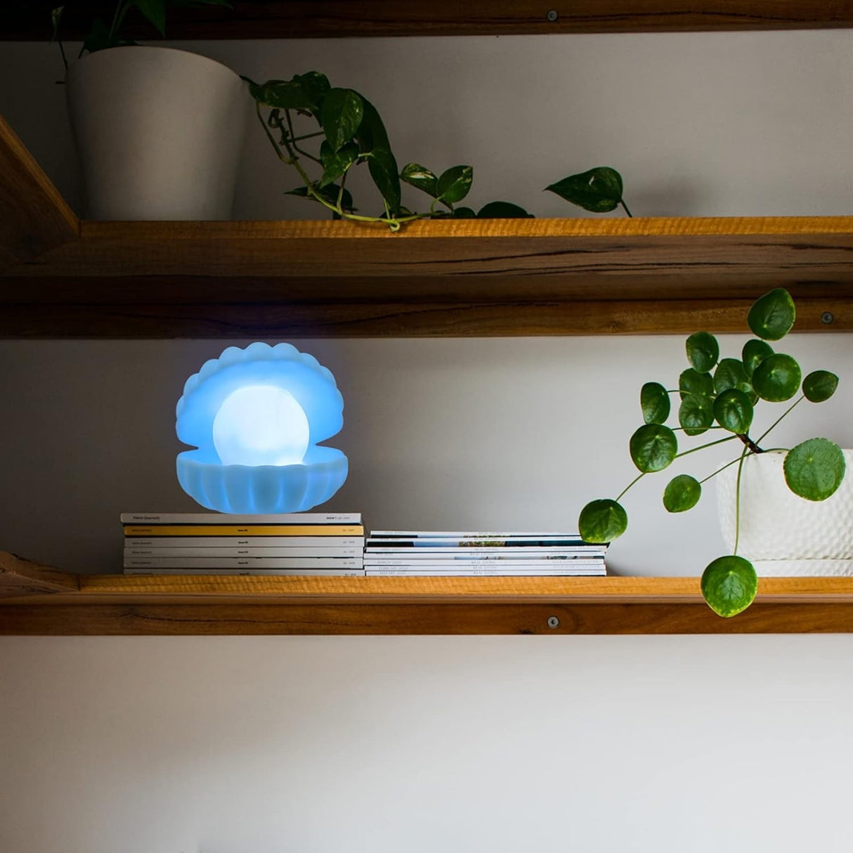 Lampa de Veghe, Vivimall, Model Scoica cu Perla, Lumina Calda, 10 x 8.5 cm, Led, Baterii Incluse 3 x LR44, Albastru - vivimall.ro