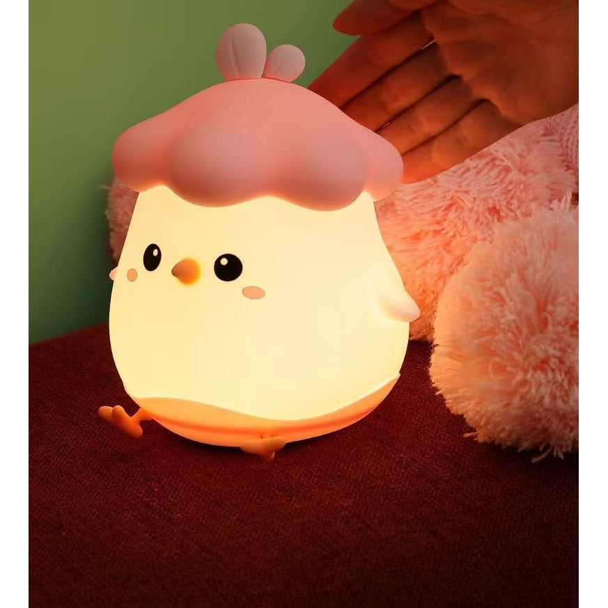 Lampa de Veghe pentru Copii, Vivimall, din Silicon, Senzor Tactil, Model Pui, Lumina Calda, Protectie pentru Ochi, Incarcare USB, Capacitate Baterie Incorporata 800mAh, 11 x 10 x 12.4 cm, Roz - vivimall.ro