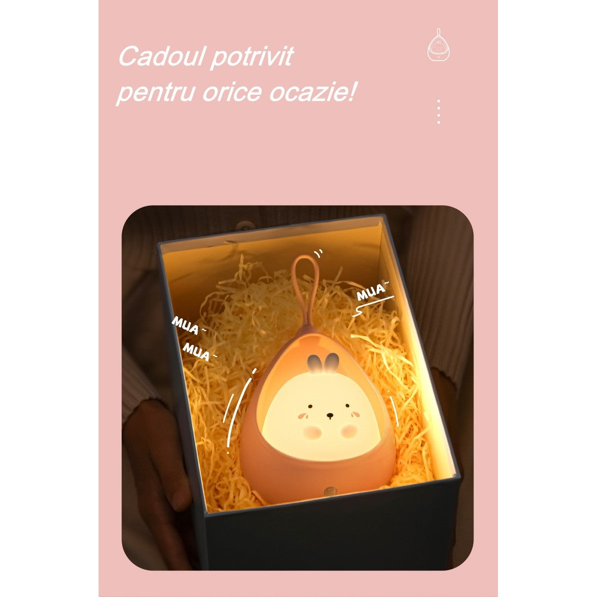 Lampa de veghe portabila cu 2 moduri de functionare Vivimall, silicon non-toxic, reincarcabila USB, senzor miscare, roz, pisicuta - vivimall.ro