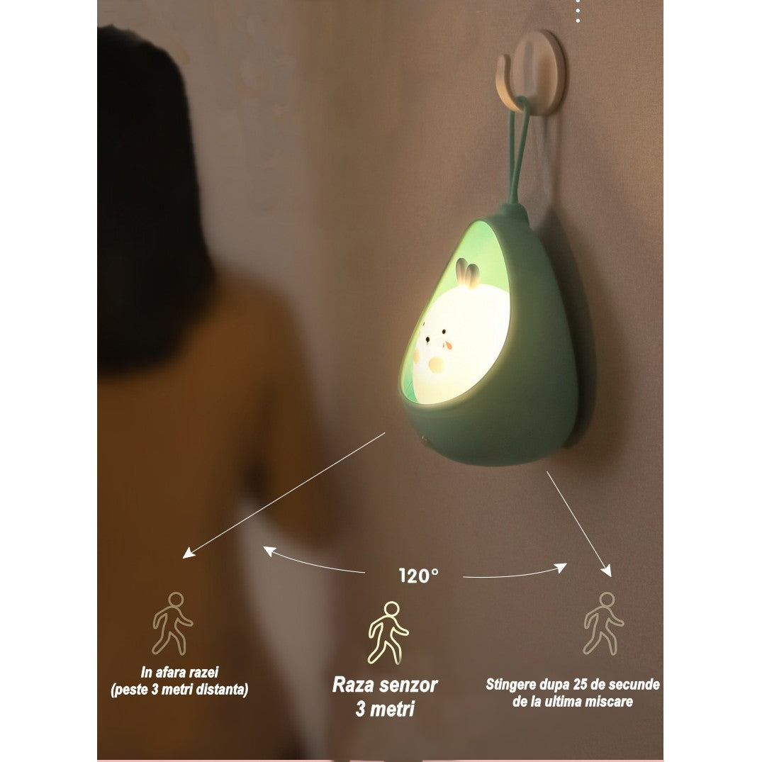 Lampa de veghe portabila cu 2 moduri de functionare Vivimall, silicon non-toxic, reincarcabila USB, senzor miscare, albastru, iepuras - vivimall.ro